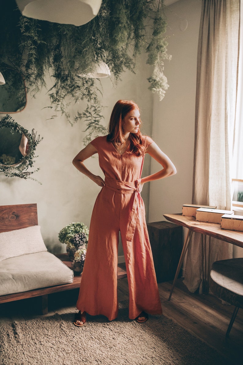 Linen Wrap Jumpsuit – Wide-Leg Flow & Earthy Elegance