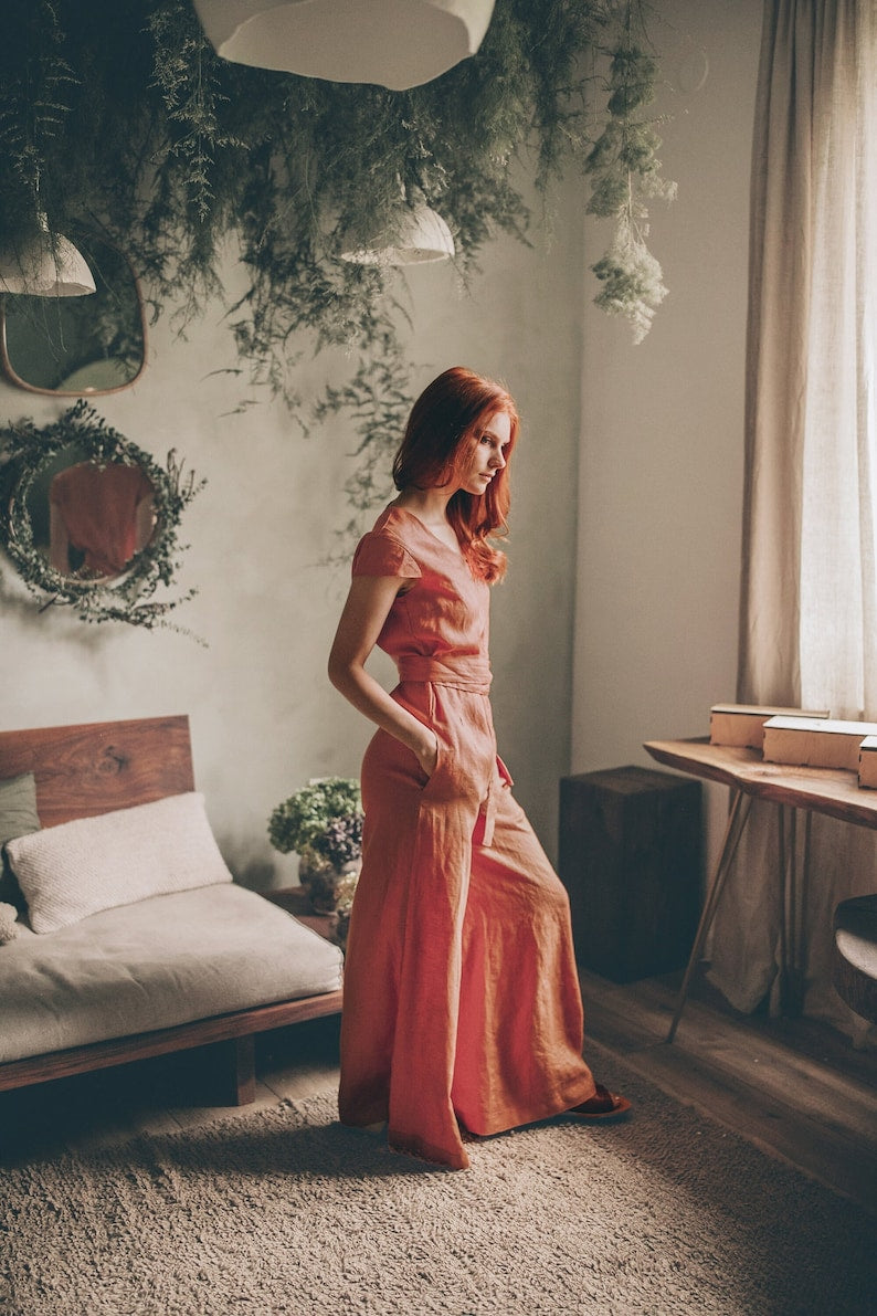 Linen Wrap Jumpsuit – Wide-Leg Flow & Earthy Elegance