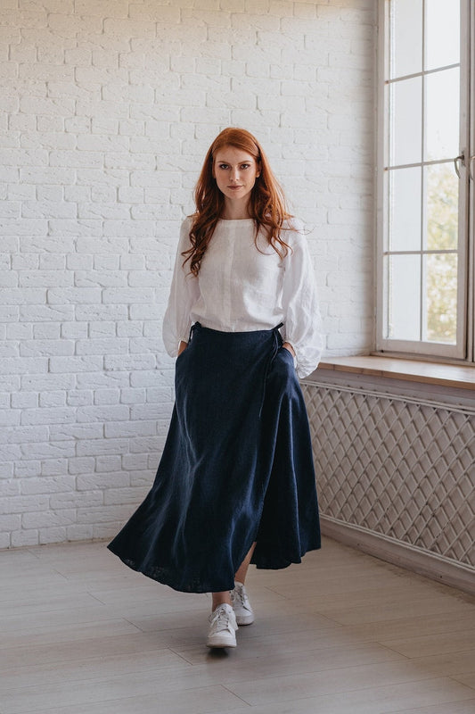 Linen Midi Wrap Skirt – Flowy Shape & Effortless Grace