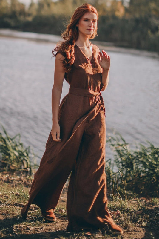 Linen Wrap Jumpsuit – Wide-Leg Flow & Earthy Elegance